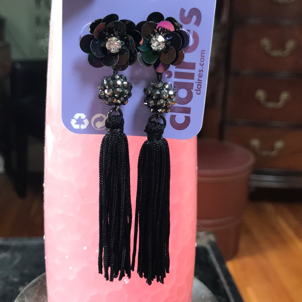 Black sequin and tassel earrings